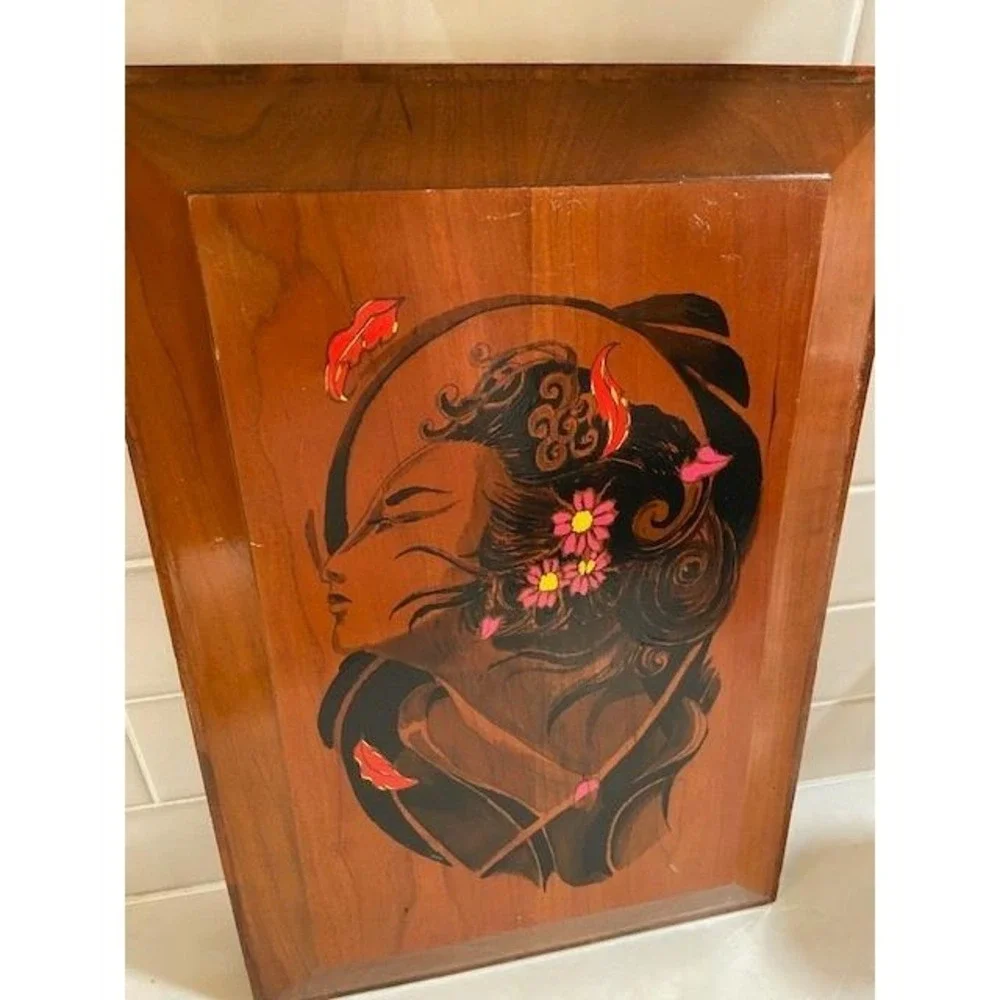 Vintage Hand Painted Wood Plaque Portrait Woman Flowers Mid Century Wall Art